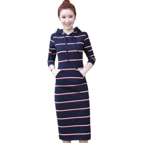 Fashion Women Long Dress 2020 Spring Summer High Quality Plus Size Slim Stripe Hooded Elegant Office Female Vestidos 4XL D2033