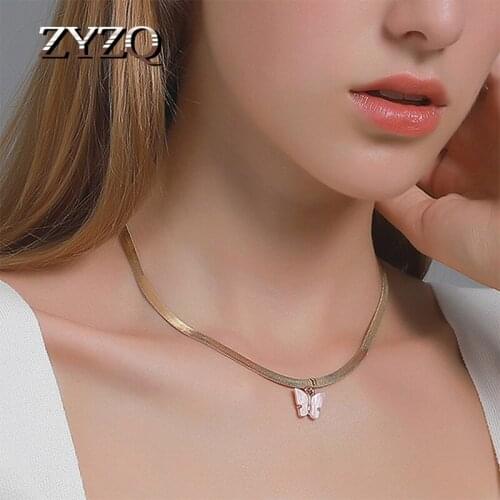 ZYZQ New Female Butterfly Pendant Necklace Sweet Candy Color Zinc Alloy Bow Snake Chain Necklace Creative Fashion Dinner Jewelry