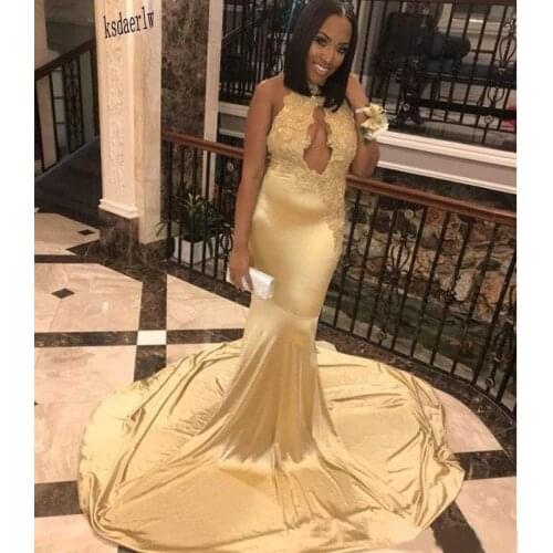 2020 Generous Sexy African Nigerian Champagne Mermaid Evening Dress Cheap Jewel Neck Sweep Train Pleats Backless Prom Formal