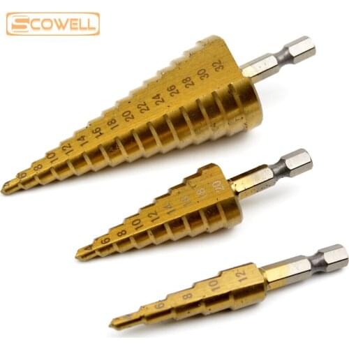 30% off 3pcs Step Drill Bits For Wood Working 4-12mm 4-20mm 4-32mm Metric 4/8/14 Steps Titanium Coated Drill Bits HSS Tower Bit