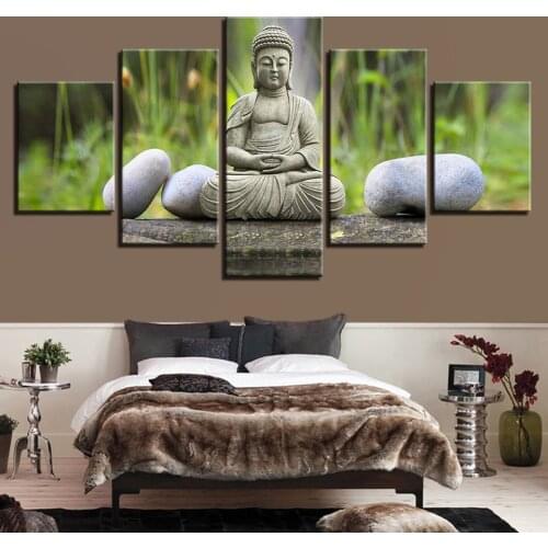 HD Prints 5 Pieces Buddha Canvas Painting Wall Art Modular Pictures Home Decoration For Bedside Background Bedroom Poster Framed