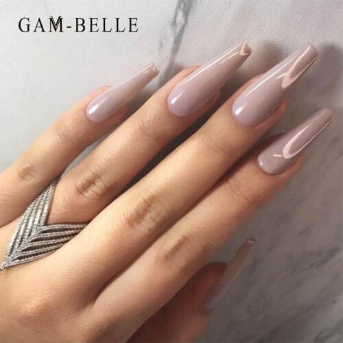 GAM-BELLE 24Pcs Long Ballerina Coffin Fake Nails Solid Color Press On Nails Full Cover DIY Artificial Nail Tips Manicure Tools