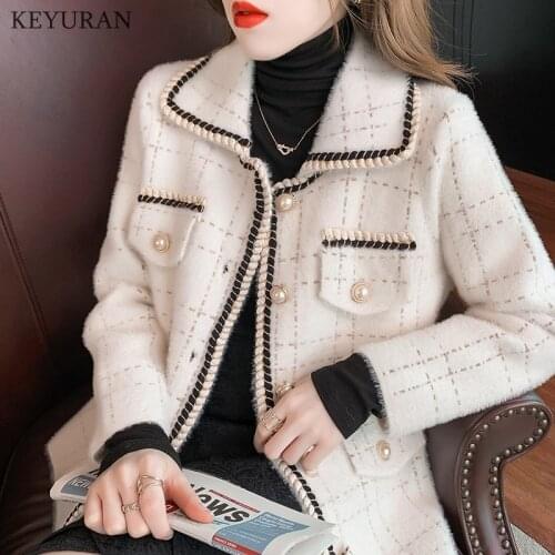 Faux Mink Cashmere Cardigan Sweater Jacket Women Autumn Winter Bright Silk Check Loose Single-breasted Knitted Sweater Outwear