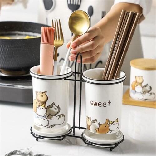 Ceramic Cute Cartoon Cat Wall Mounted Chopstick Storage Holder Kitchen Chopsticks Rack Household Spoons Forks Draining Shelf