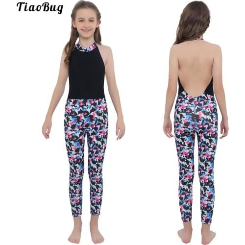 Summer Kids Girls One-Piece Sport Jumpsuit Stand Collar Halter Neck Sleeveless Open Back High Waist Elastic Waist Pants Bodysuit