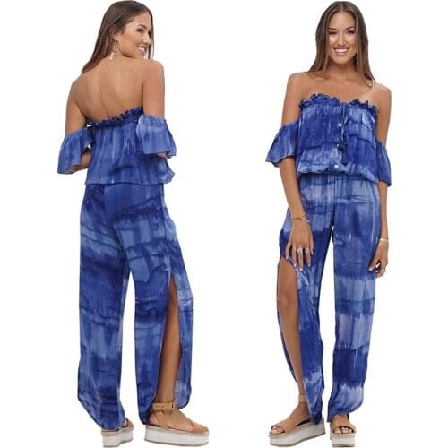 Summer Beach Tie Dye Ruffle Off Shoulder Jumpsuit High Waist Split Casual Rompers and Jumpsuits for Women