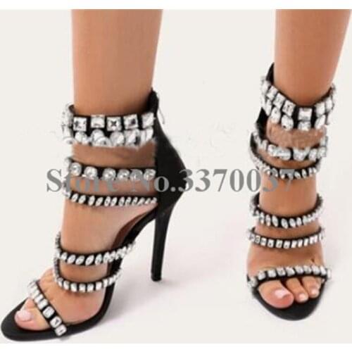 Hot Selling Women Fashion Open Toe Rhinestone Straps High Heel Sandals Cut-out Crystal Gladiator Sandals Formal Dress Shoes