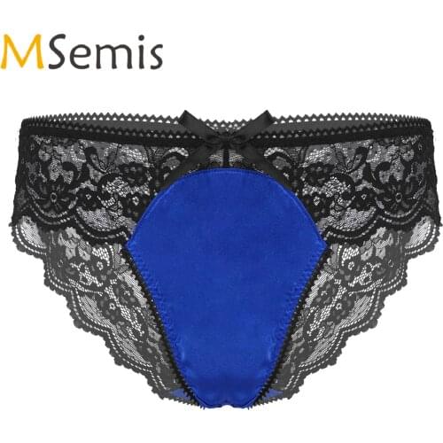 Mens See-through Floral Lace Lingerie Underwear Satin Patchwork Sissy Nightwear Underpants Low Waist Briefs Panties