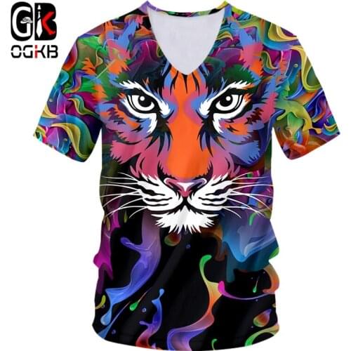 OGKB Brand New Tiger V-neck T Shirt Men 3d Print Colorful Paint Hip Hop Tee Cool Short Sleeve Funny Design Casual Big Size Top