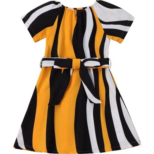 Summer Kids Girls Dress Short Sleeve V-neck Midi Dress Stripe O-neck A-line Princess Dress with Waistband Children Dress