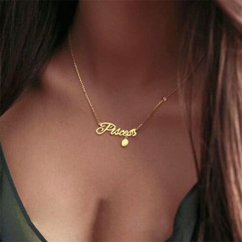 Karopel Titanium Steel Zircon 12 Zodiac Pendant Necklace Factory Direct Fashion English Name Zodiac Sign Disc Charm Necklace