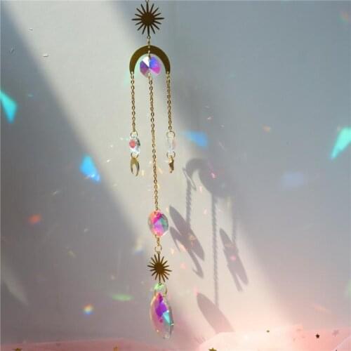 Crystal Wind Chime Star Moon Pendant Sun catch Plated Colorful Beads Hanging Drop For Outdoor Indoor Garden Geometric Decor