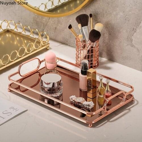 Rectangular Glass Mirror Storage Tray Nordic Luxury Desktop Tray Metal Mirror Dessert Display Tray Household Storage Accessories