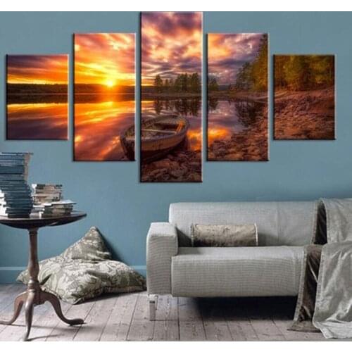 Christmas wall sticker diamond painting Sunset scenery lake boat 5 Pieces full drill mosaic diamond embroidery landscape fantasy