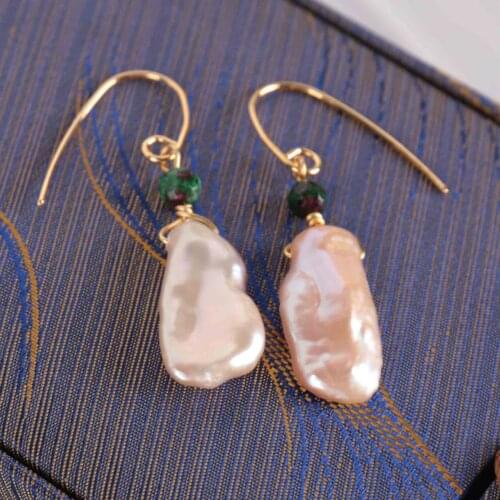 11-15MM Natural pink baroque pearl Earring 18k Sapphire bead Classic Hook Party Dangle Jewelry