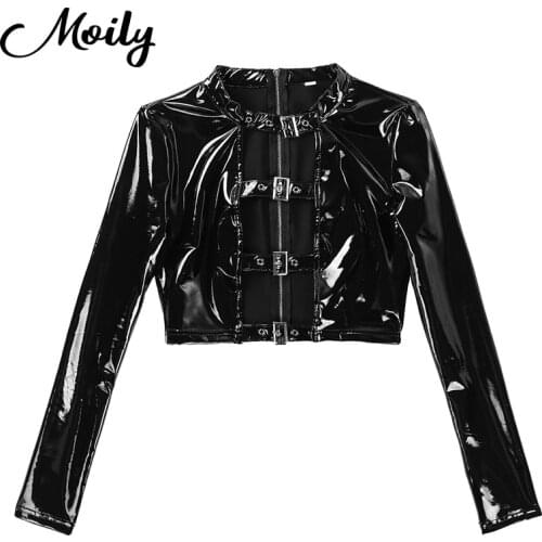 Womens Wet Look Patent Leather Long Sleeves Tanks Hollow Out Front with Buckles Gothic Punk Style Crop Top for Party Clubwear