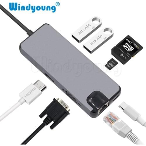 8 in 1 Type C Hub To HDMI 4K Video RJ45 Gigabit Ethernet VGA Adapter USB-C hub SD TF Card Reader for Macbook Pro huawei p20 pro