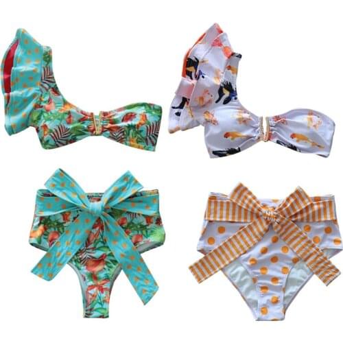 A5KC Womens Sexy 2 Pieces Bikini Set Cutout One Shoulder Ruffled Patchwork V-Neck Swimsuit Floral Print Belted High Waist Push