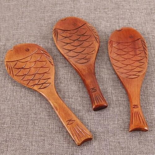 1PC Cute Fish Shape Bamboo Rice Scoop Spoon Tableware Kitchen Wooden Spoon Cooking Utensil Tool 60gA