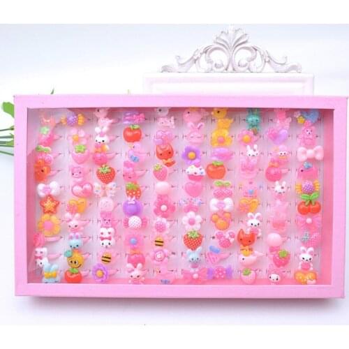 100 Pcs Ring Boxes Cartoon Rings Childrens Resin Plastic Beauty Toys Kids Makeup Toys Girls Pretend Toys For Birthday Party