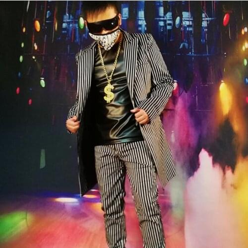 2021 New Nightclub Male Singer Ds Dj Black And White Pinstripe British Long Suit Hip Hop Stage Personality Coat Blazer Men M-5xl