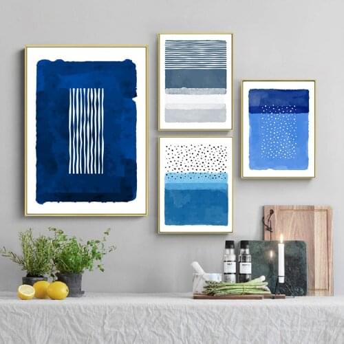 White Blue Abstract Watercolor Geometry Wall Art Canvas Painting Cool Tone Line Point Simplicity Art for Living Room Home Decor