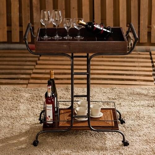 American Wrought Iron Dining Cart Solid Wood Bar Club Trolley Retro Hotel Restaurant Wine Rack Coffee Shop Kitchen Island Tables