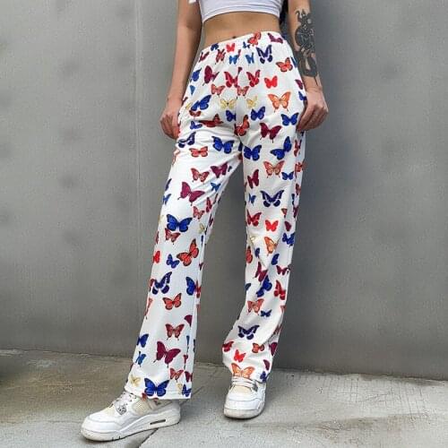 Pants Women Casual Pants Butterfly Print Trousers High Waisted Slim Fit Wide Leg Flare Pants Pantalones Mujer