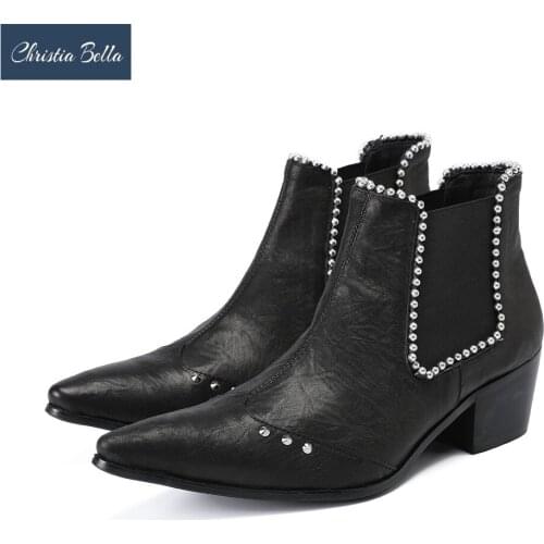 Christia Bella Rivets Men Shoes Genuine Leather Boots New Fashion Metal Pointed Toe Boots Large Size Slip on Chelsea Boots