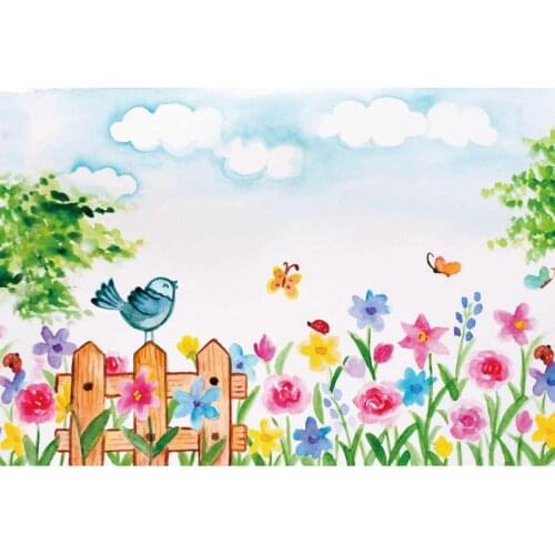 Flower Bird Childlike Background Landscape Banner Gift Party Decoration Poster Butterfly Photography Props Background Painting