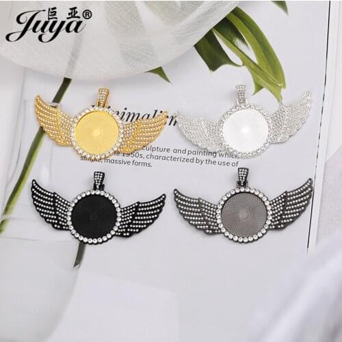 JUYA 30mm Circle Cabochon Pendant Base Angel Wings Blank Tray Diamond Rhinestone Charms For DIY Jewelry Making Accessories