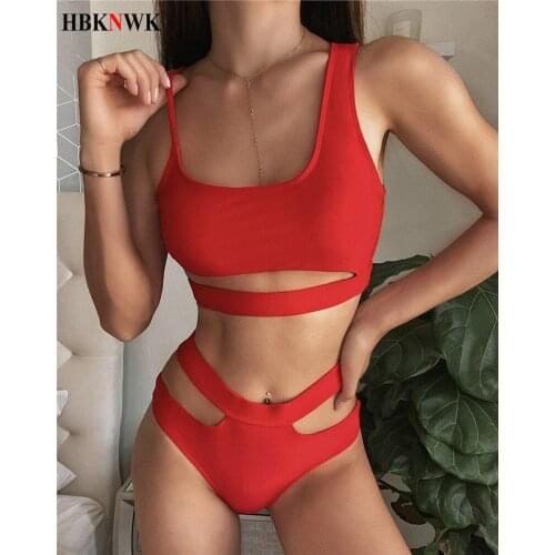 High Waist Bikini Swimsuit Solid Swimwear Women Sexy Hollow Out Swimming Suit For Women Bikinis Set 2020 Beach Swim Bathing Suit