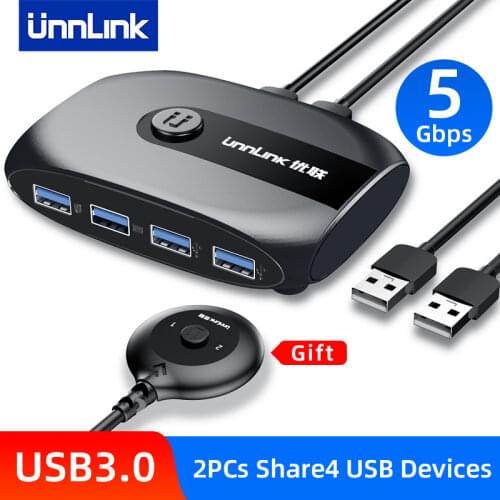 Unnlink USB KVM Switch USB 3.0 2.0 Switcher with Extender 2 Computers Share 4 USB Ports for Keyboard Mouse Printer U Disk