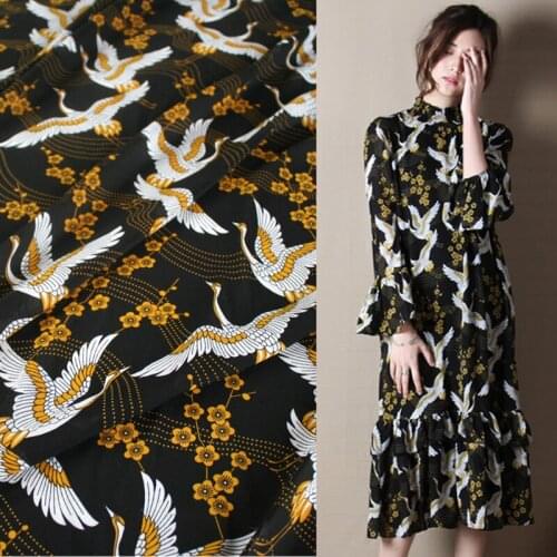 Fashion Vintage Print Chiffon Fabric Crane &Flower Printed Imitated Silk Chiffon Fabric DIY Sewing Women Dress Summer T-shirt