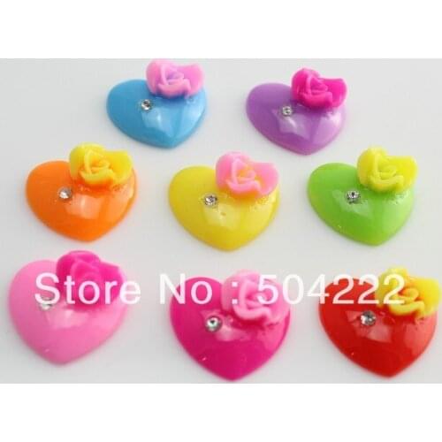 Set of 100 pcs kawaii heart with flower rhinestone Resin cameo gem Cabochons 22mm hair clips, embellishment,DIY-SZ0430