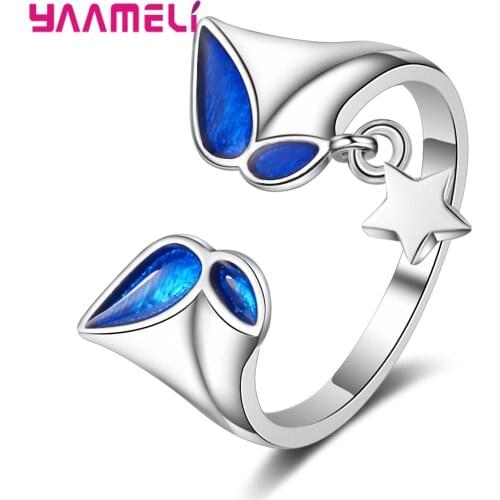 Shiny Blue Crystal Stone Butterfly Opening S925 Sterling Silver Rings Sizable For Women Girl Weddings Party Jewelry Gifts