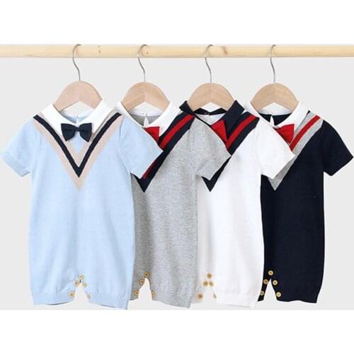 Baby Boy Clothes Baby Rompers Summer Bow tie Gentleman Knitted Baby Boys Jumpsuit Newborn Boy Overalls Children Party Clothing