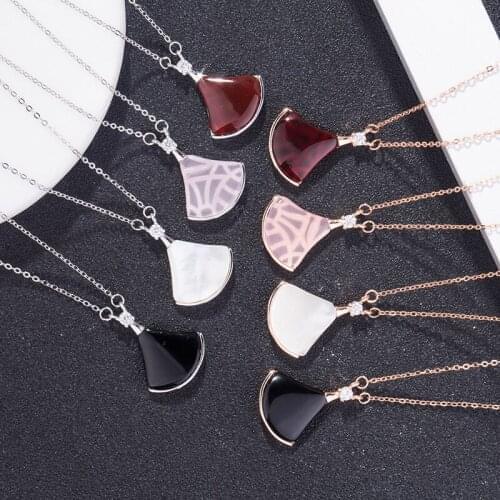 S925 sterling silver skirt necklace pendant fan shape white shell black red agate necklace female clavicle chain popular design