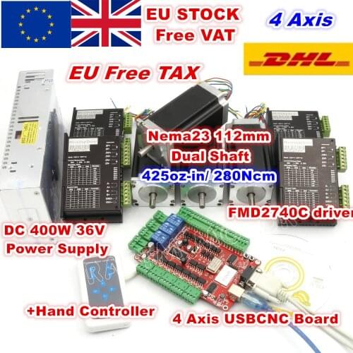 [RU/EU/USA Delivery] 4 Axis Nema23 112mm Stepper Motor Dual Shaft 425oz-in 3A+Motor Driver 50VDC 4A 128 microstep driver