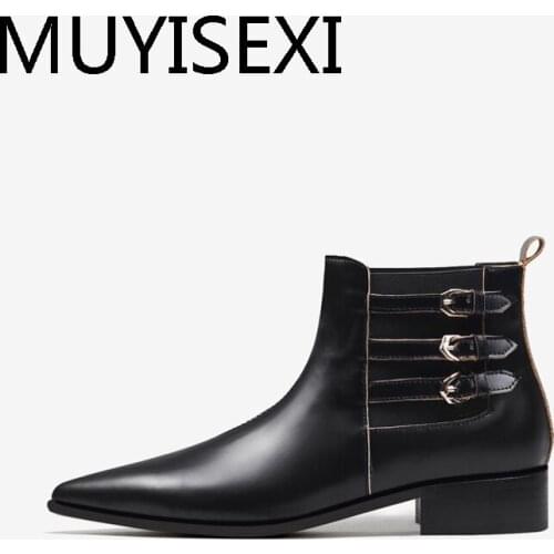 Buckle straps pointed toe 3cm low square heels pure color energy gorgeous all-match concise daily wear women boot HL319 MUYISEXI