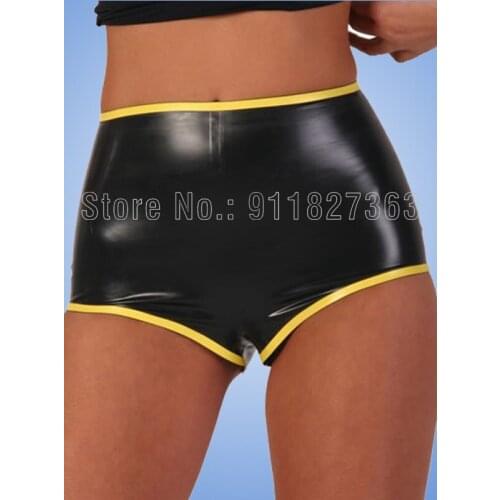 Sexy Womens 100% Latex Hot Pants Tight Pants Shorts Tight Spandex Shorts Custom-made with Yellow Trim