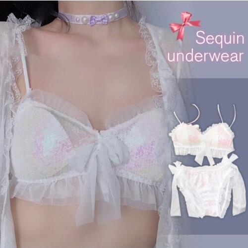 Women Sexy Sweet Lace Bra Set Sequin Ruffle Bow Lolita Girl Bra+ Underwear Luxury Romantic Princess Lingerie Mermaid Cosplay