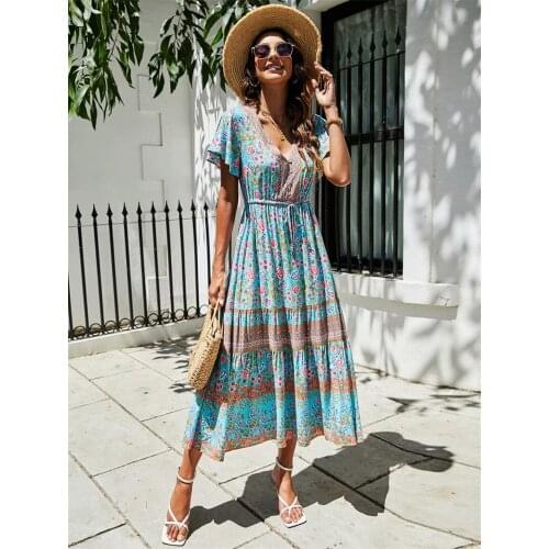 Happie Queens women red floral print bat sleeve beach Bohemian dresses Ladies V neck Tassel Summer Boho dress vestidos