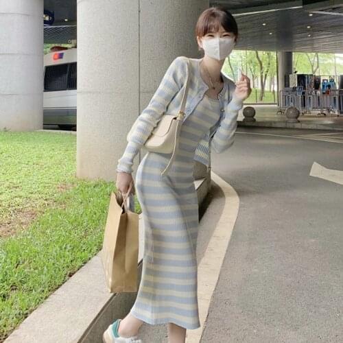 Autumn Two-piece Spaghetti Strap Maxi Dresses for Women Knitted Long Dress Off Shoulder Striped Camisole Strapless Female