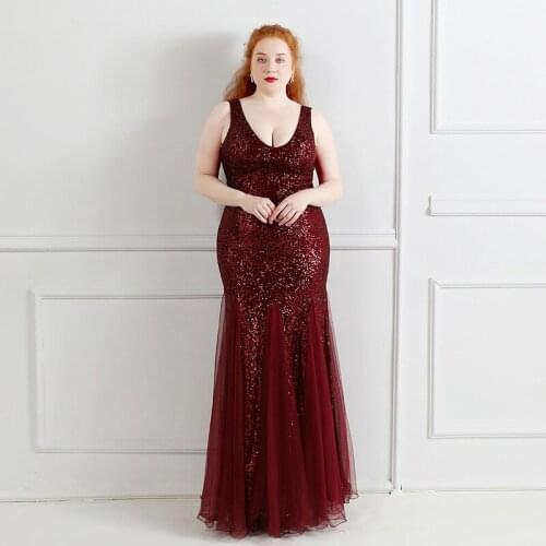Evening Dress Burgundy Sexy V-Neck Sequins Floor-Length Sleeveless Empire A-Line Zipper Back Plus Size Women Formal Gowns D1270
