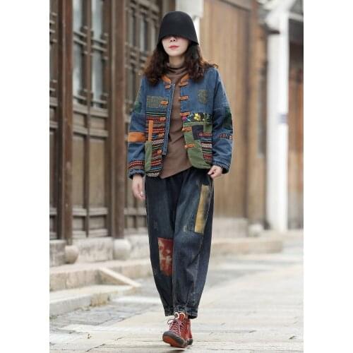 Indie Folk Coat Women Thick Vintage Clasp Patch Spliced ​​Casual Loose Denim Winter Autumn Plus Size Jacket