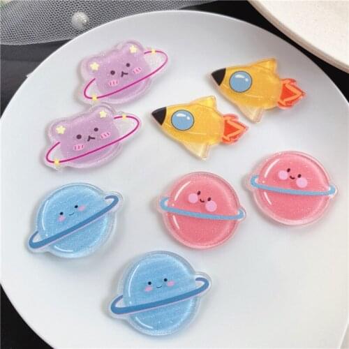 50pcs/lot color pattern print cartoon bears/satellite/rocket shape flatback acrylic beads without holes diy jewelry accessory