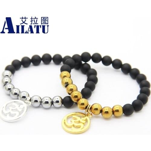 Ailatu Beaded Men Fashion Jewelry Matte Onyx with Hematite Stone Beads Om Charm Yoga Bracelet