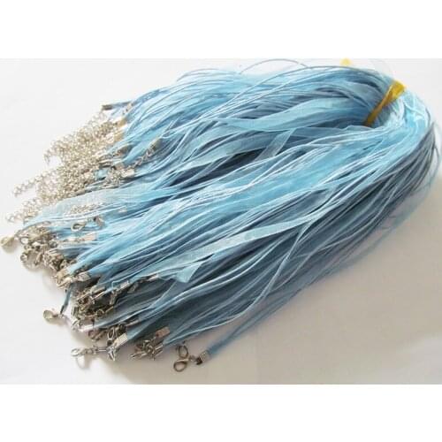 Free Shipping 100pcs 18inch Light Blue Organza Ribbon Wax Cotton Necklace Cord String,Extender Chain,Lobster Clasp,DIY Accessory