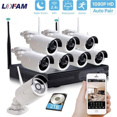 LOFAM 8CH 1080P Wireless CCTV System 2MP WIFI NVR Kit Outdoor Waterpfoof Wi-fi IP Security Camera System Video Surveillance Kit